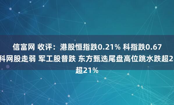 信富网 收评：港股恒指跌0.21% 科指跌0.67% 科网股走弱 军工股普跌 东方甄选尾盘高位跳水跌超21%